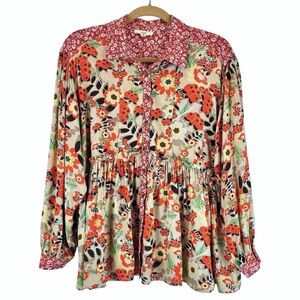 Easel Floral Patchwork Long Sleeve Blouse Top Boho Cottagecore Prairie Sz S